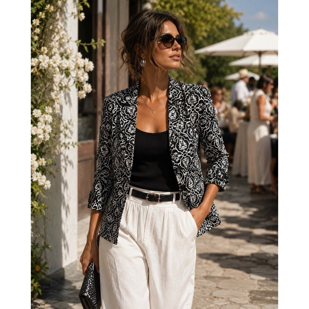 Saint Tropez West 100% Linen Black White Floral Print Jacket Blazer Size L